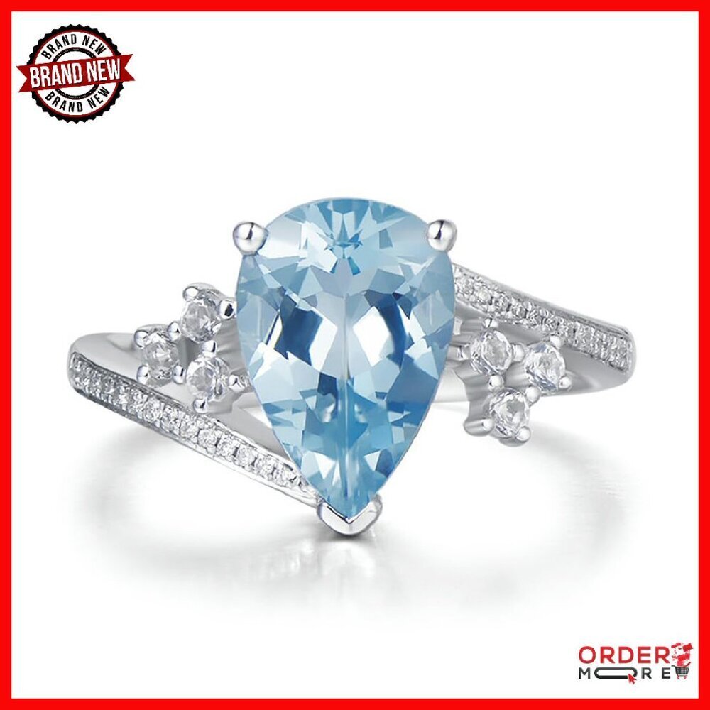 Sterling Silver Pear Cut Aquamarine Engagement Ring Size 6